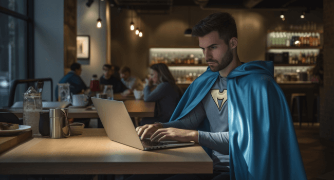 Close up on superhero working on computer